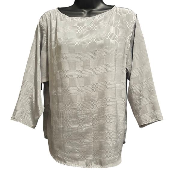 Vintage Alexandria Medium Silver Gray Satin Long Sleeve Blouse w/Block Accents - Picture 1 of 7